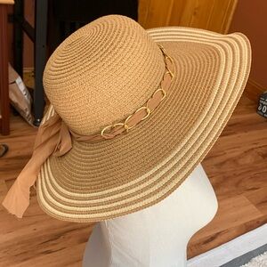 Summer Sun Hat, Beige, Gold trim & Ribbon